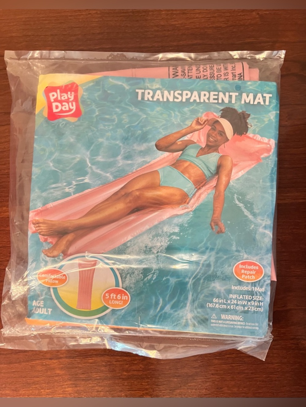 Play Day Inflatable Float Transparent Mat Lounger  5’6” Adult Pink